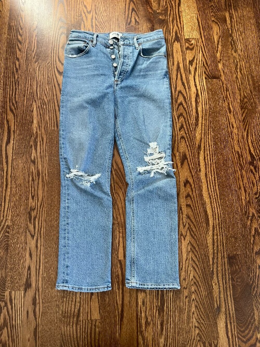 Agolde Riley High Rise Straight Light Wash Crop Distressed Jeans Size 25